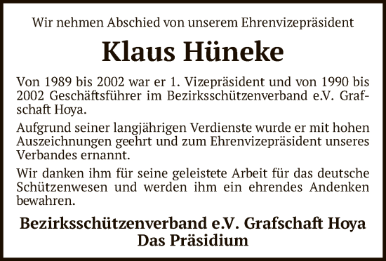 Todesanzeige von Klaus Hüneke von SYK