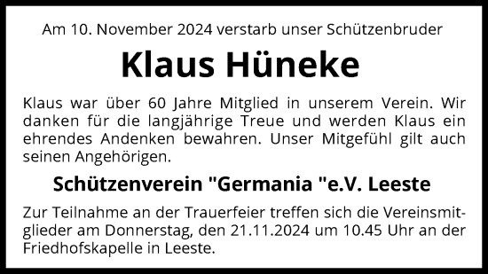 Todesanzeige von Klaus Hüneke von SYK