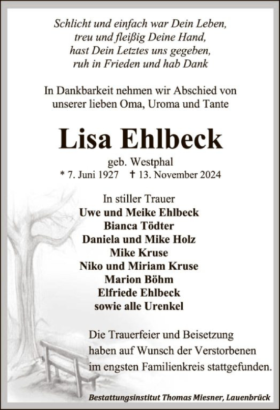 Todesanzeige von Lisa Ehlbeck von SYK