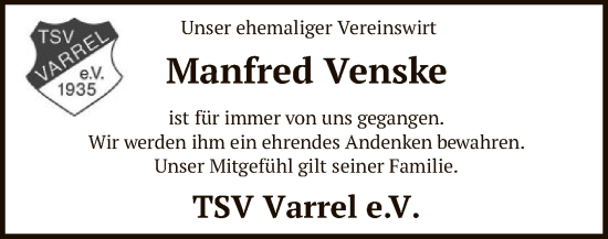 Todesanzeige von Manfred Venske von SYK