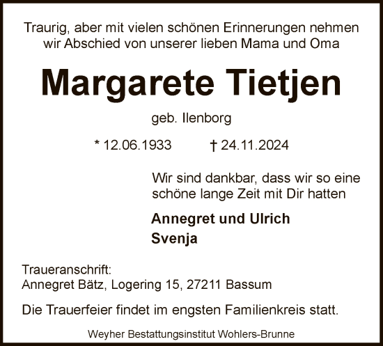 Todesanzeige von Margarete Tietjen von SYK