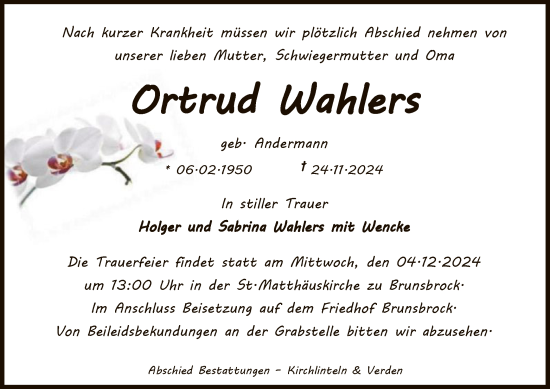 Todesanzeige von Ortrud Wahlers von SYK