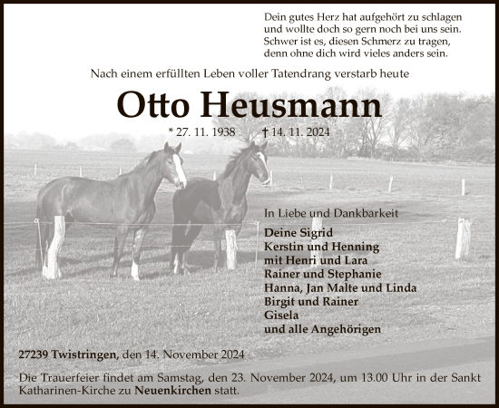 Todesanzeige von Otto Heusmann von SYKSYK