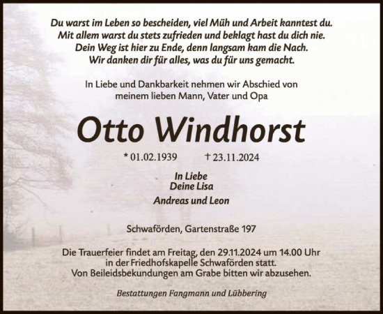 Todesanzeige von Otto Windhorst von SYK