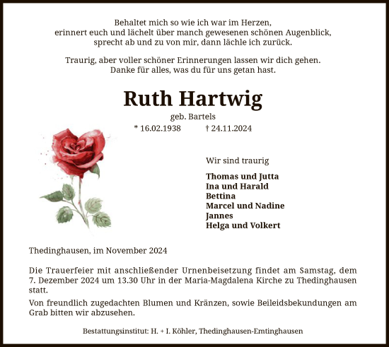 Todesanzeige von Ruth Hartwig von SYK