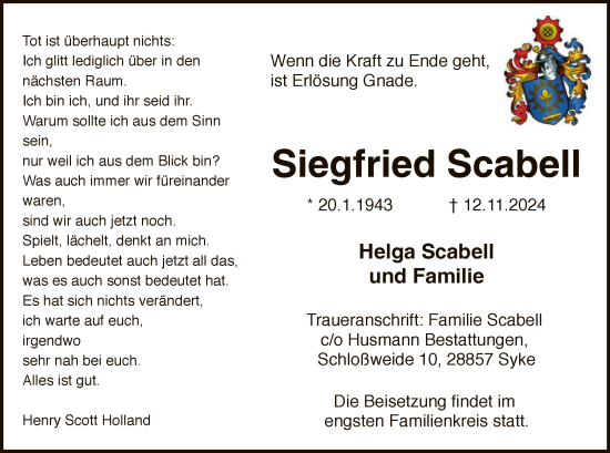 Todesanzeige von Siegfried Scabell von SYK