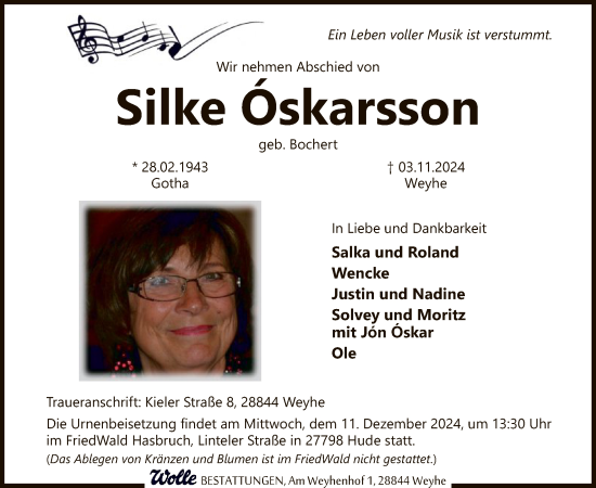 Todesanzeige von Silke Oskarsson von SYKSYK