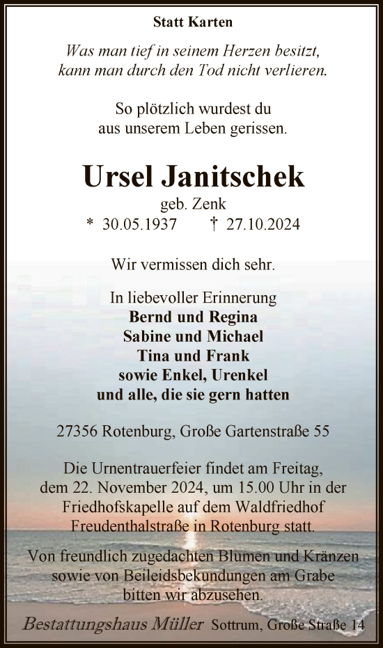 Todesanzeige von Ursel Janitschek von SYK