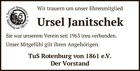 Todesanzeige von Ursel Janitschek von SYK