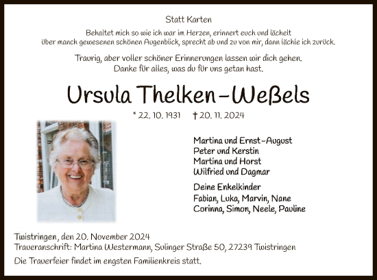 Todesanzeige von Ursula Thelken-Weßels von SYK