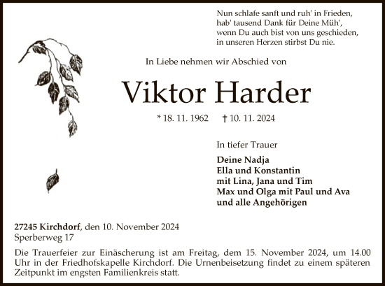 Todesanzeige von Viktor Harder von SYK