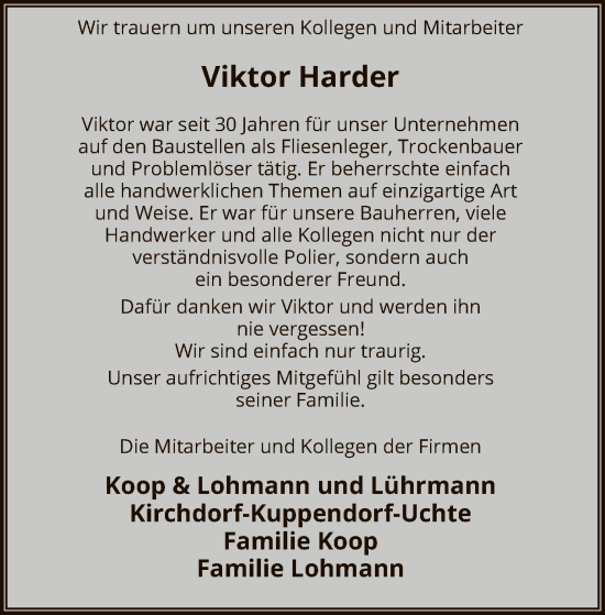 Todesanzeige von Viktor Harder von SYK