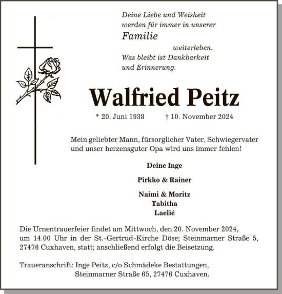 Todesanzeige von Walfried Peitz von SYK