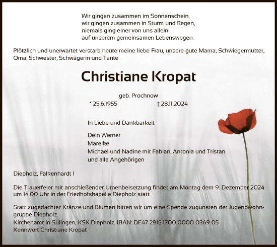 Todesanzeige von Christiane Kropat von SYK