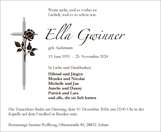 Todesanzeige von Ella Gwinner von SYK