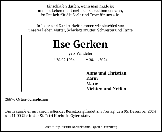 Todesanzeige von Ilse Gerken von SYK