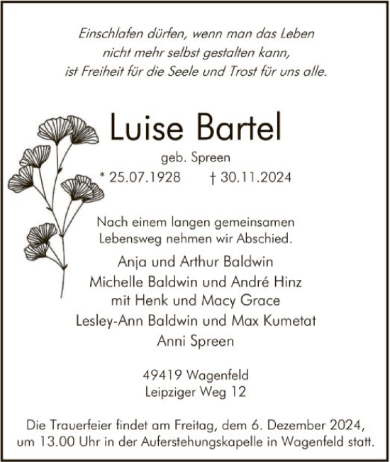 Todesanzeige von Luise Bartel von SYK