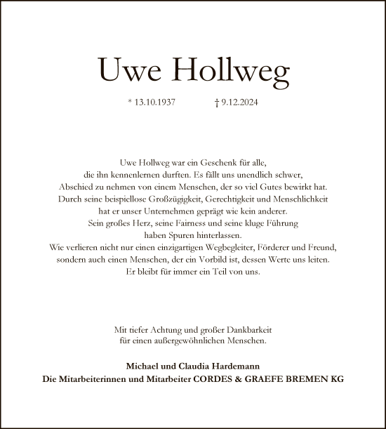 Todesanzeige von Uwe Hollweg von SYKSYKSYK