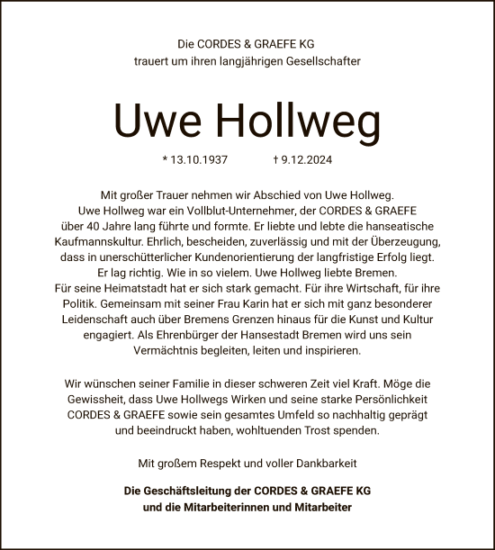 Todesanzeige von Uwe Hollweg von SYKSYKSYK