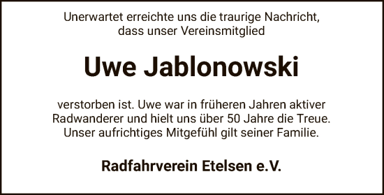 Todesanzeige von Uwe Jablonowski von SYK