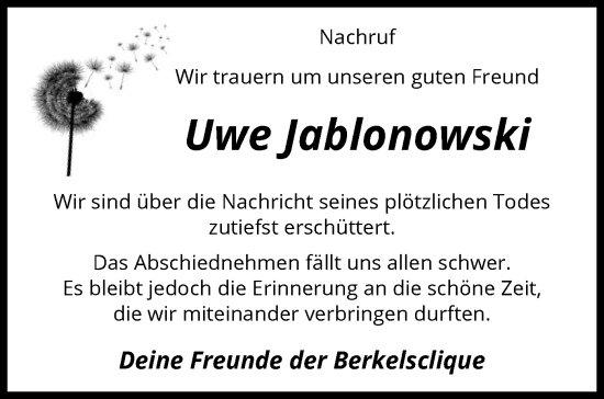 Todesanzeige von Uwe Jablonowski von SYK