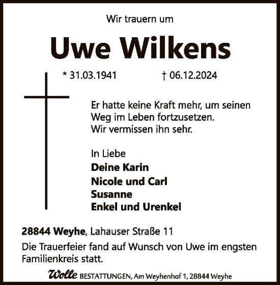 Todesanzeige von Uwe Wilkens von SYK