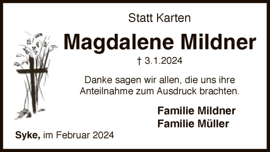 Todesanzeige von Magdalene Mildner von SYK