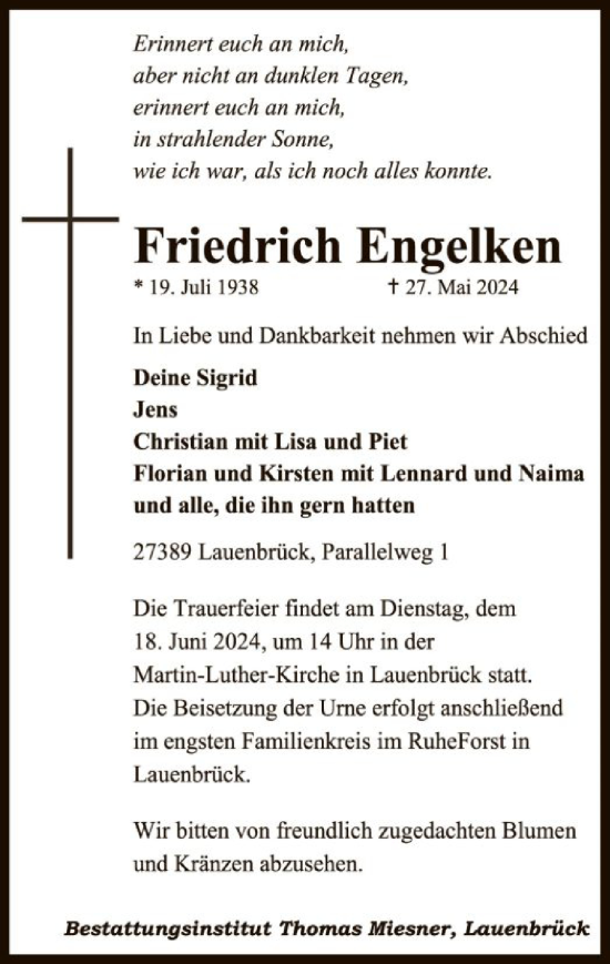Todesanzeige von Friedrich Engelken von SYK