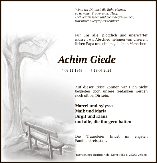 Todesanzeige von Achim Giede von SYK