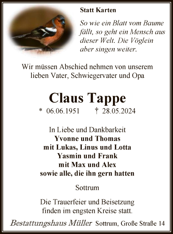 Todesanzeige von Claus Tappe von SYK