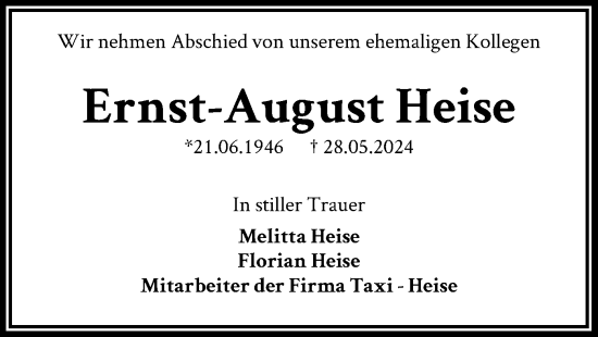 Todesanzeige von Ernst-August Heise von SYK