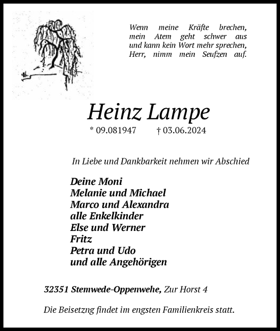 Todesanzeige von Heinz Lampe von SYK