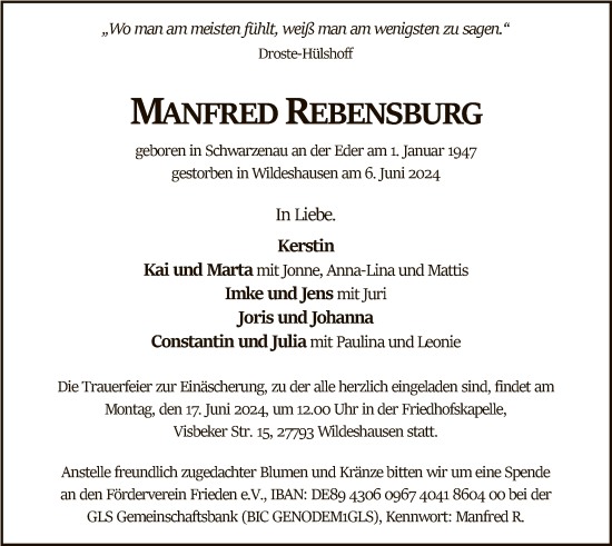 Todesanzeige von Manfred Rebensburg von SYK