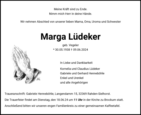 Todesanzeige von Marga Lüdeker von SYK
