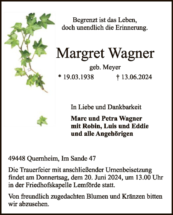 Todesanzeige von Margret Wagner von SYK