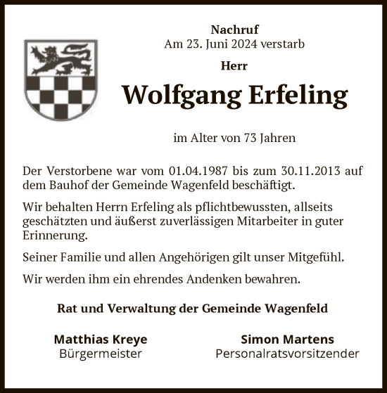 Todesanzeige von Wolfgang Erfeling von SYK