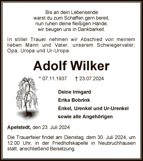 Todesanzeige von Adolf Wilker von SYKSYK