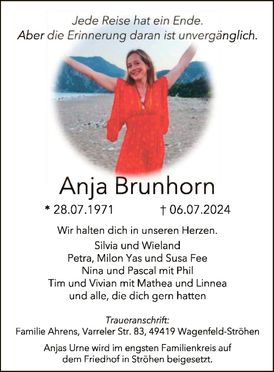 Todesanzeige von Anja Brunhorn von SYK