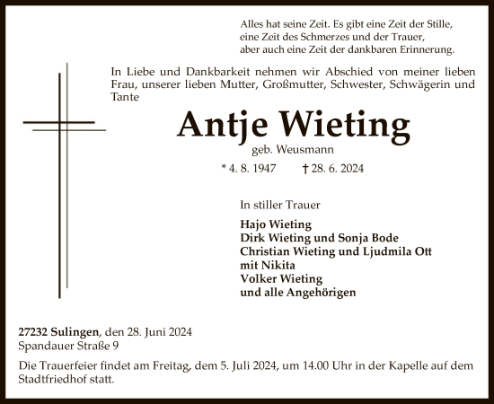 Todesanzeige von Anjte Wieting von SYK