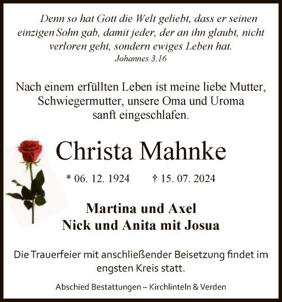 Todesanzeige von Christa Mahnke von SYK