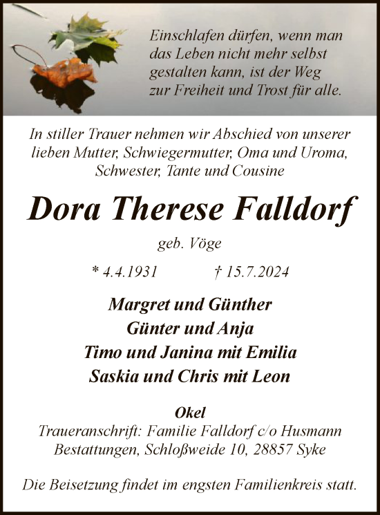 Todesanzeige von Dora Falldorf von SYK