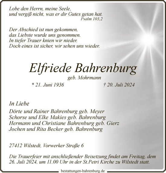 Todesanzeige von Elfriede Bahrenburg von SYK