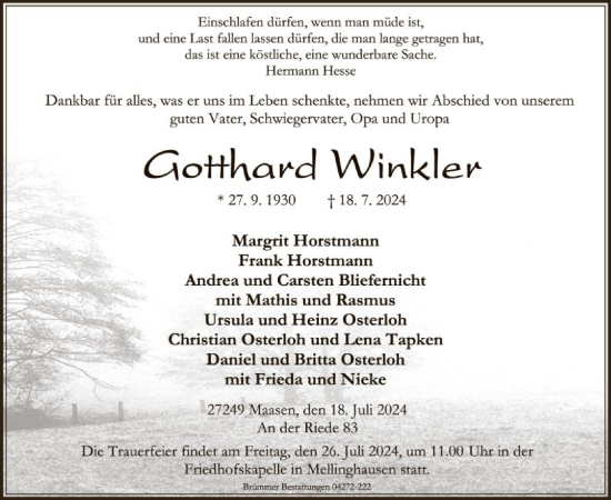 Todesanzeige von Gotthard Winkler von SYK
