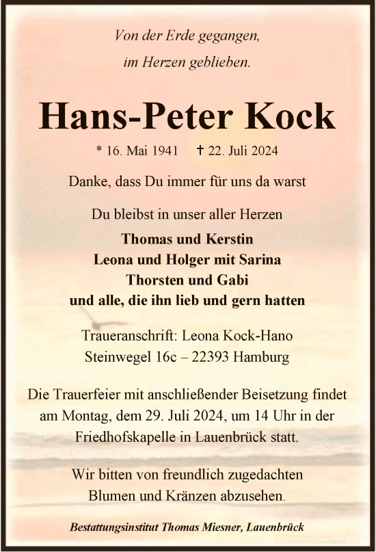 Todesanzeige von Hans-Peter Kock von SYK
