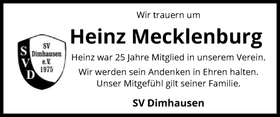 Todesanzeige von Heinz Mecklenburg von SYK