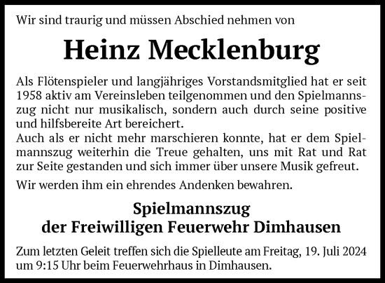 Todesanzeige von Heinz Mecklenburg von SYK