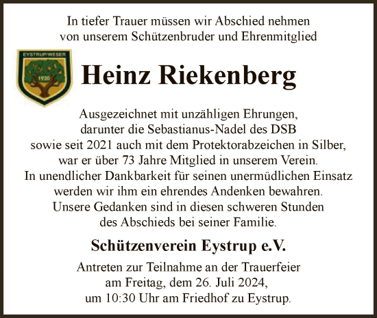 Todesanzeige von Heinz Riekenberg von SYK
