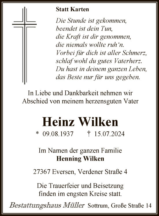 Todesanzeige von Heinz Wilken von SYK