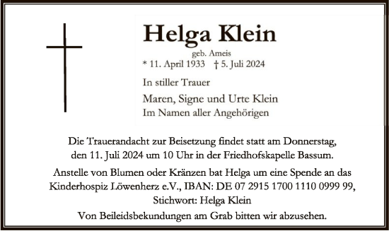 Todesanzeige von Helga Klein von SYK