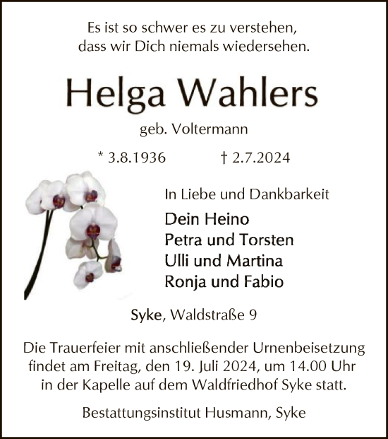 Todesanzeige von Helga Wahlers von SYK